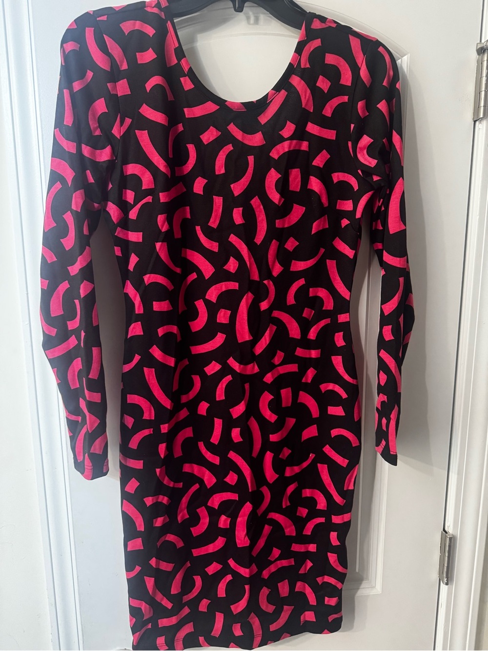 H&M Black Dress with Hot Pink Geometric Print, Long Sleeve